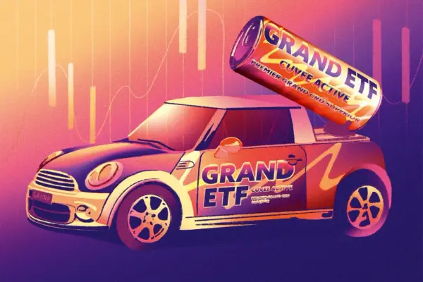 Ein Auto mit "GRAND ETF CUVEE ACTIVE" Aufschrift, darauf eine Dose "GRAND ETF". Ein Symbol für aktive ETFs.