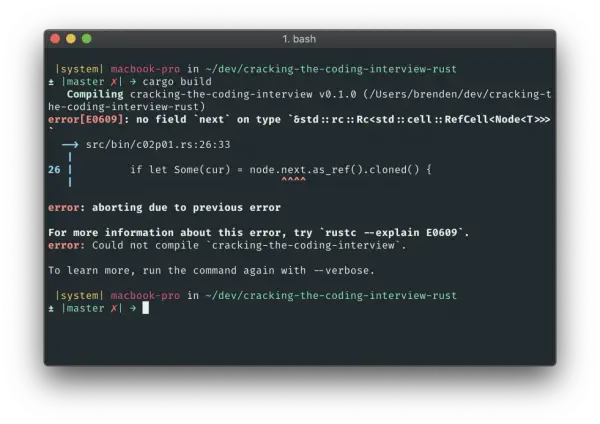 Błąd kompilacji Rust: "no field `next` on type". Co znaczy WTF? Komputer próbuje zbudować projekt, ale napotyka problem z brakiem pola `next`.