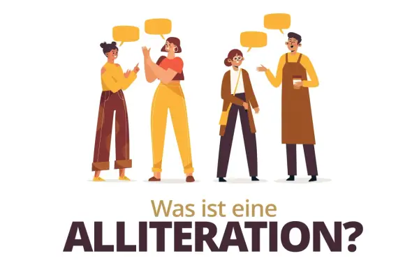 Vier Personen im Gespräch, über ihnen Sprechblasen. Die Frage "Was ist eine Alliteration?" wird gestellt, um das Konzept zu erklären.
