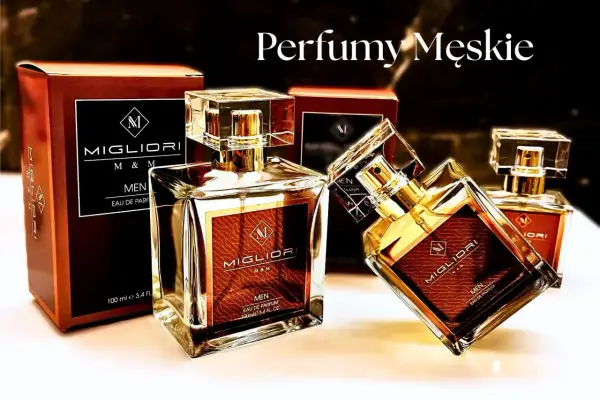 Eleganckie perfumy męskie Migliori, które utrwalają zapachy na długo. Złote akcenty i szklane flakony.