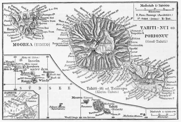 Największa wyspa Polinezji Francuskiej, Tahiti, z widocznymi górami i zatokami.