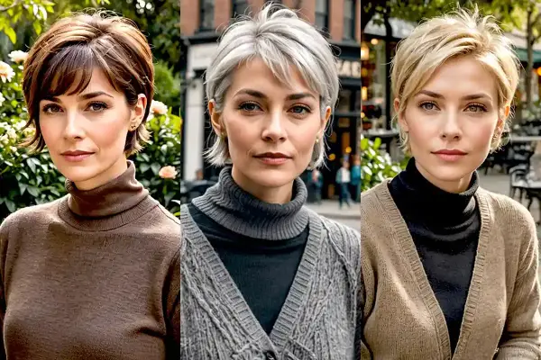 Tres mujeres con un moderno corte bixie, cada una con un estilo y color de cabello diferente, posan juntas al aire libre.