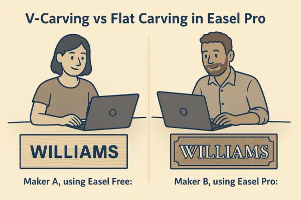 Due persone usano un computer per creare incisioni su legno con Easel Pro. Una mostra un'incisione piatta, l'altra una V-carving.