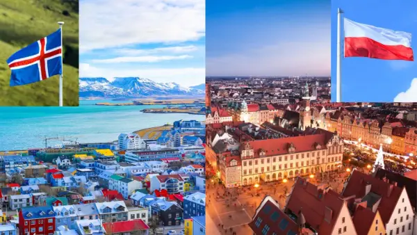 Islandia i Polska, dwa kraje, które często plasują się wysoko w rankingach bezpieczeństwa. Widok na kolorowe domy Reykjaviku i tętniący życiem rynek we Wrocławiu.
