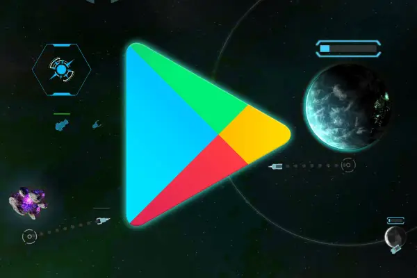 Kosmiczna podróż po fajne gry na tablet. Logo Google Play na tle planet i statków kosmicznych.