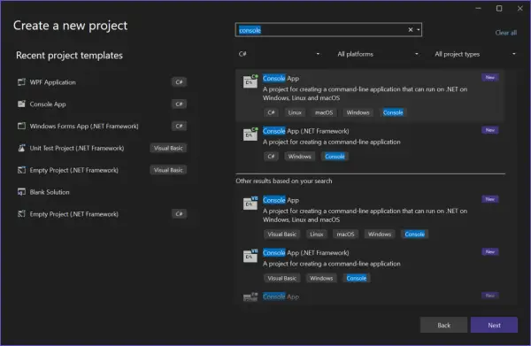 Wybór szablonu "Console App" w **Microsoft Visual Studio** do tworzenia aplikacji konsolowej.