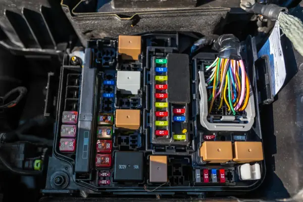 Caja de fusibles de coche con varios fusibles de diferentes amperajes y colores, relés marrones y un mazo de cables de colores.