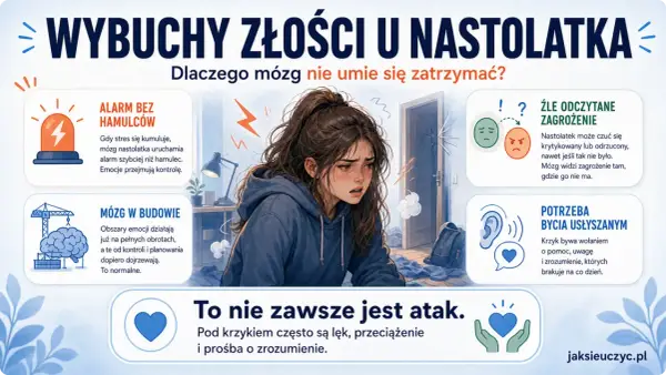 Nastolatka z wybuchem złości. Grafika wyjaśnia, jak rozładować stres u nastolatków, pokazując mechanizmy mózgu i potrzebę bycia usłyszanym.