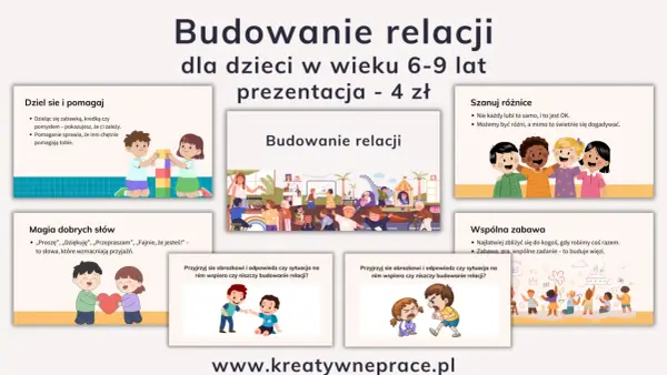 Dzieci budują relacje, dzieląc się i pomagając. Wzmacnia to przyjaźń, szanując różnice i bawiąc się wspólnie.
