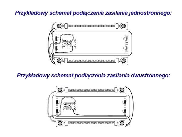 Schemat podłączenia zasilania jednostronnego i dwustronnego świetlówki.