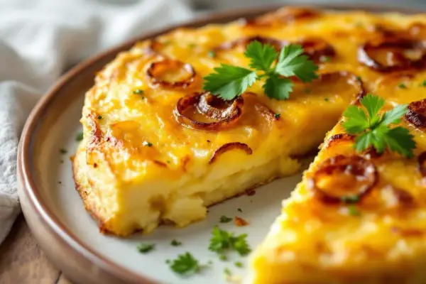 Une tranche de tortilla espagnole dorée, garnie d'oignons caramélisés et de persil frais, sur une assiette.