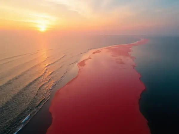 Zachód słońca nad oceanem, gdzie woda przybiera intensywnie różowy kolor. Tak wyglądają sinice, tworząc niezwykły krajobraz.