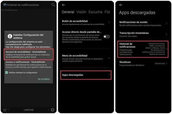 Ekran ustawień telefonu z opcją "Historial de notificaciones" (Historia powiadomień), która pozwala na zapisywanie wiadomości i powiadomień.