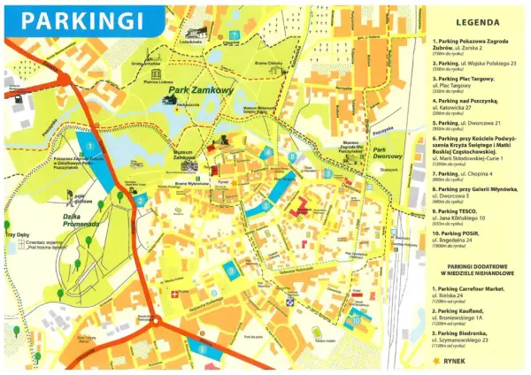 Mapa Pszczyny z zaznaczonymi parkingami, w tym przy Pokazowej Zagrodzie Żubrów.