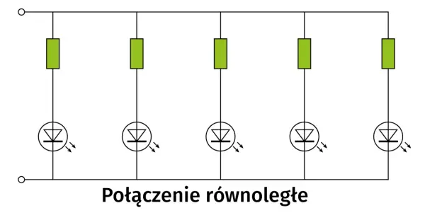Schemat połączenia równoległego pięciu diod LED, z których każda ma swój rezystor ograniczający prąd.