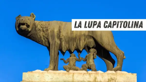 La statua lupa capitolina, simbolo di Roma, allatta i gemelli Romolo e Remo.