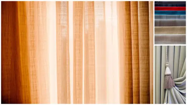 Drapés de lin aux tons chauds, parfaits pour coudre un rideau. Échantillons de tissus et pompon décoratif.