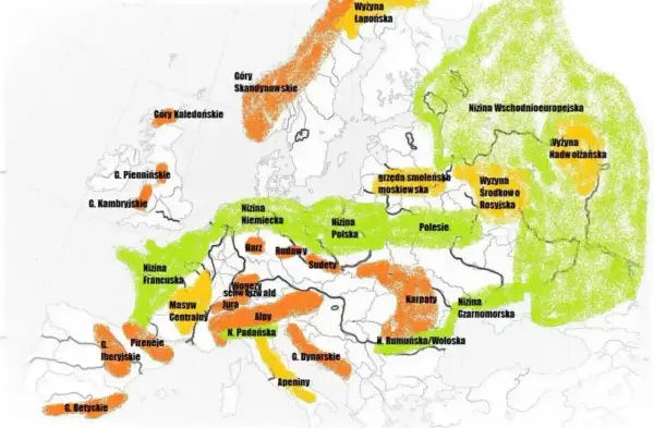Mapa Europy z zaznaczonymi pasmami górskimi, nizinami i wyżynami. Kolory wskazują różne typy ukształtowania terenu.