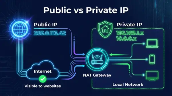 Ilustración comparando direcciones IP públicas y privadas, con un router y un globo para la pública, y una casa y dispositivos para la privada.