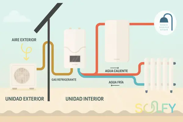 Diagrama de aerotermia con radiadores. La unidad exterior capta aire, el gas refrigerante circula a la unidad interior, que calienta agua para radiadores y ducha.