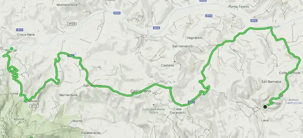 Mappa del cammino dei cappuccini, con sentiero verde che attraversa colline e borghi come Rola, Castiglione e Borgo Cappuccini.