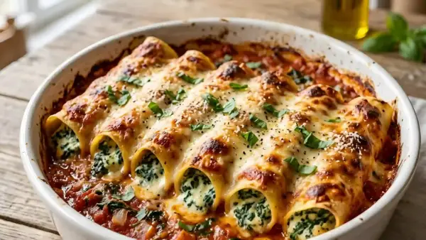 Cannellonis gratinés, remplis d'une farce crémeuse de ricotta et d'épinards, baignant dans une sauce tomate savoureuse.
