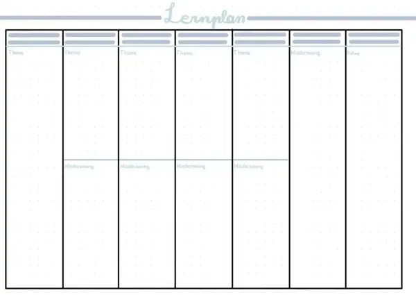 Leeres Raster zum Erstellen eines Lernplans mit Spalten für Themen, Wiederholung und Prüfung.