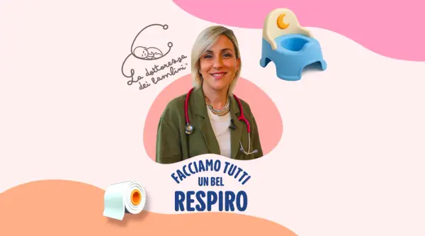 Dottoressa sorridente con stetoscopio, vasino e rotolo di carta igienica. Affronta temi come vomito e diarrea bambini.