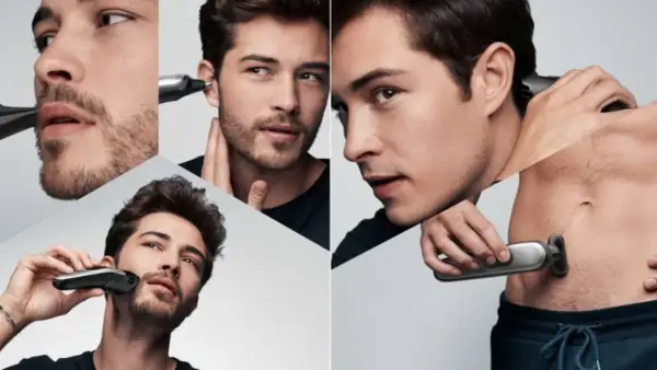 Hombres usando recortadora para barba, orejas y cuerpo. Descubre cada cuanto afeitarse para un look impecable.