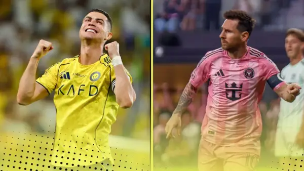 Ronaldo w żółtej koszulce świętuje, obok Messi w różowej. Kto ma więcej goli?