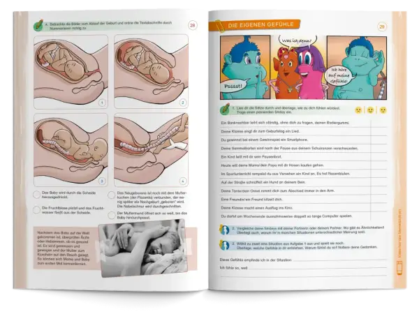 Bilder zeigen die Geburt eines Babys. Ein Kind lernt Gefühle kennen in der sexualkunde klasse 8.