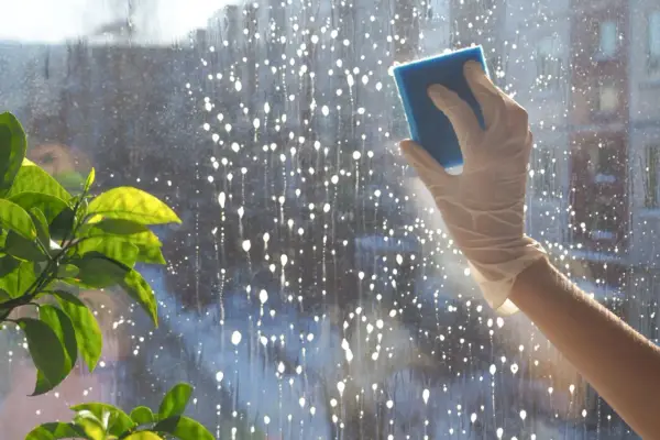 Hand mit Handschuh putzt Fenster mit Schwamm. Tropfen und Blasen auf der Scheibe deuten auf das Ziel hin: Fenster putzen ohne Schlieren.