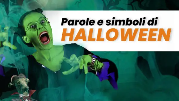 Una strega verde con occhiali e un cane vampiro, circondati da fumo verde. Il testo "Parole e simboli di HALLOWEEN" è in primo piano.