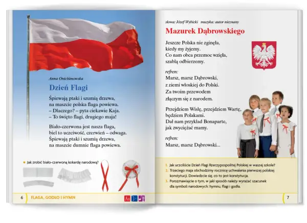 Polskie symbole narodowe dla dzieci: biało-czerwona flaga, godło z orłem i dzieci śpiewające hymn.
