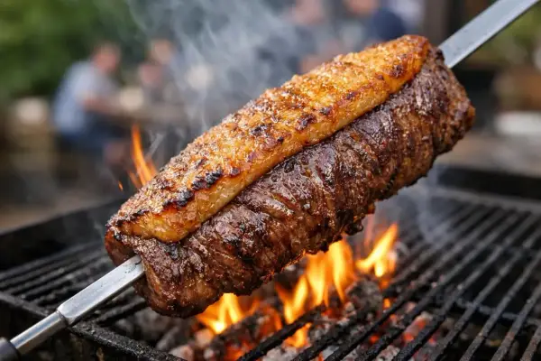 Une succulente picanha grillée sur des braises ardentes, dégageant une fumée alléchante. La viande est saisie à la perfection, prête à être dégustée.