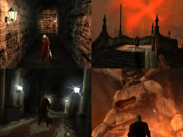 Dante w czerwonym płaszczu przemierza mroczne korytarze i staje przed gigantycznym posągiem w świecie Devil May Cry 1.