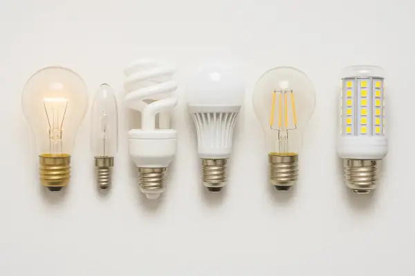 Six ampoules, dont une incandescente allumée, une bougie, une fluocompacte, une LED blanche, une LED filament et une LED maïs. La plupart sont non dimmable, signification : elles ne peuvent pas être variées.