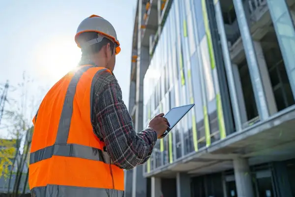 Ingeniero revisa tablet frente a edificio moderno. ¿Qué edificios tienen que pasar la ITE?