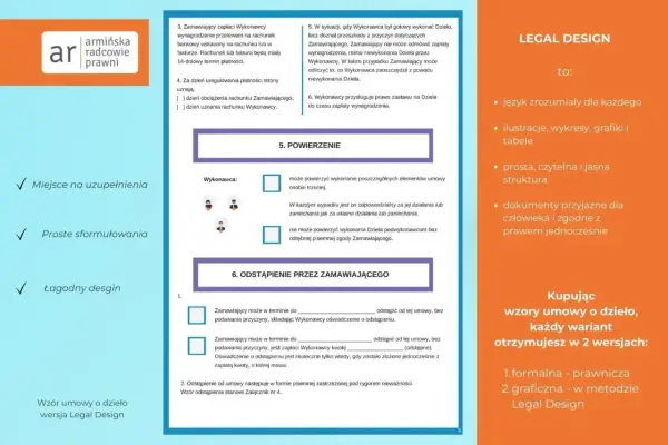 Wzór umowy o dzieło w wersji Legal Design: przejrzyste zasady, proste sformułowania i łagodny design. Dokumenty zgodne z prawem.