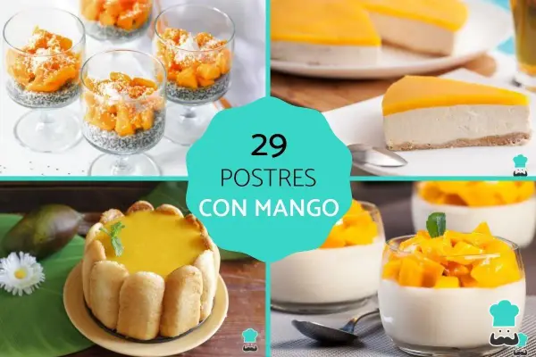 Collage de postres con mango: vasitos de chia, tarta, y postres individuales.