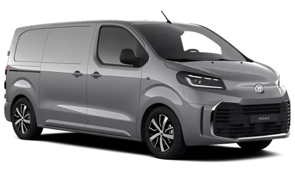 Srebrny Toyota Proace, nowoczesny van dostawczy z charakterystycznym grillem i światłami LED, gotowy do pracy.