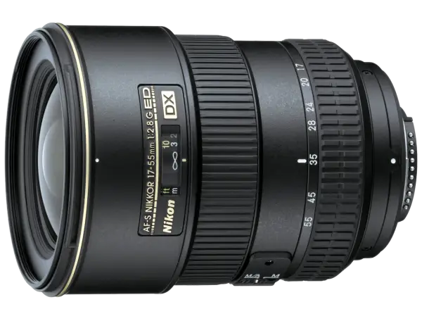 Obiektyw Nikon AF-S DX NIKKOR 17-55mm f/2.8G ED z widocznymi oznaczeniami ogniskowych i przysłony.