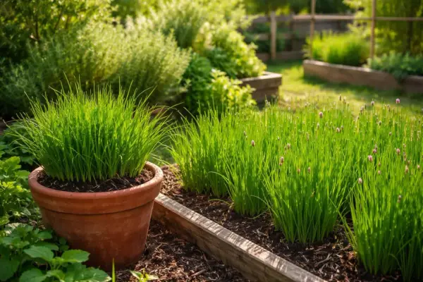 Ein sonniger **Schnittlauch Standort** im Garten. Ein großer Topf mit Schnittlauch steht links, daneben wachsen mehrere Beete mit dem grünen Kraut, einige mit zarten lila Blüten.
