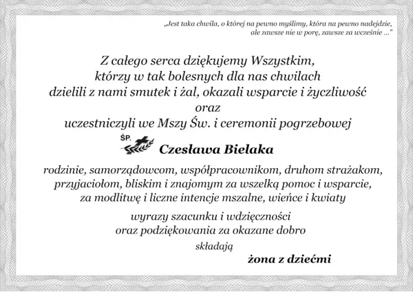 Wyrazy wdzięczności i podziękowania za udział w pogrzebie Czesława Bielaka.