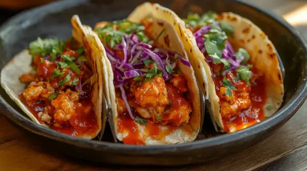 Tres tacos de pollo con salsa roja, repollo morado y cilantro fresco, servidos en un plato oscuro.