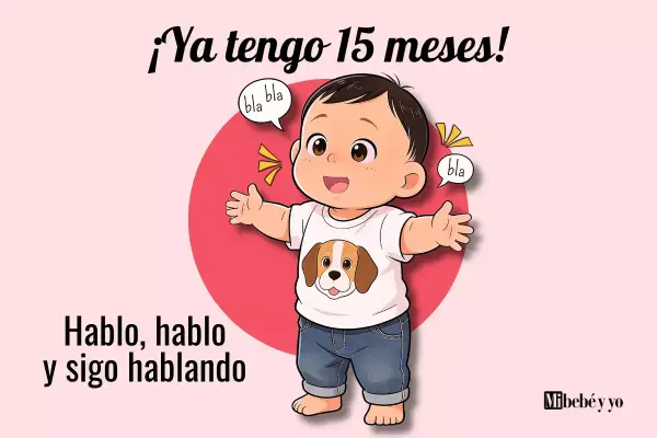 Un bebé de 15 meses, con camiseta de perro, dice "bla bla" y "hablo, hablo y sigo hablando".