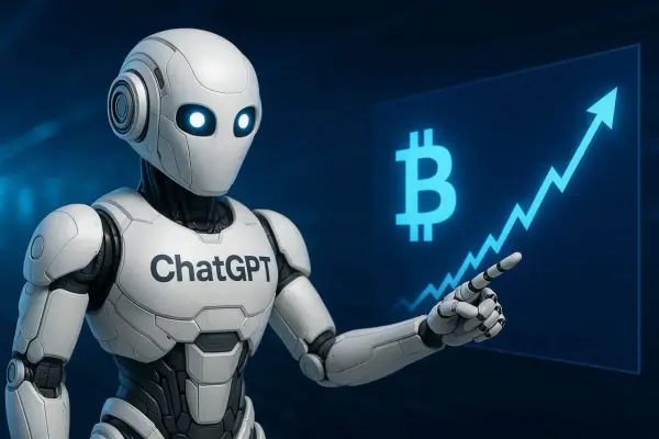 Robot ChatGPT wskazuje na wykres wzrostu Bitcoina, symbolizując potencjał kryptowalut i sztucznej inteligencji w finansach.