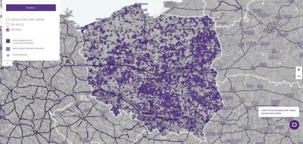 Mapa zasięgu sieci komórkowych w Polsce. Fioletowe obszary wskazują dobry zasięg.