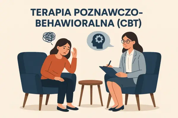 Kobieta w fotelu przeżywa trudne emocje, a terapeuta prowadzi terapię poznawczo-behawioralną, wspierając ją w procesie zmian.
