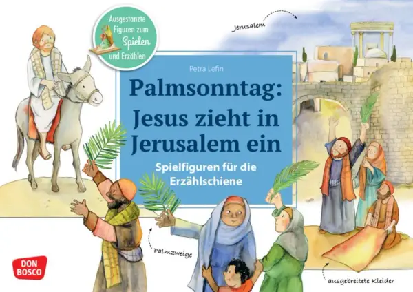 Illustration zum gesegneten Palmsonntag: Jesus zieht auf einem Esel in Jerusalem ein, Menschen jubeln mit Palmzweigen und breiten Kleider aus.
